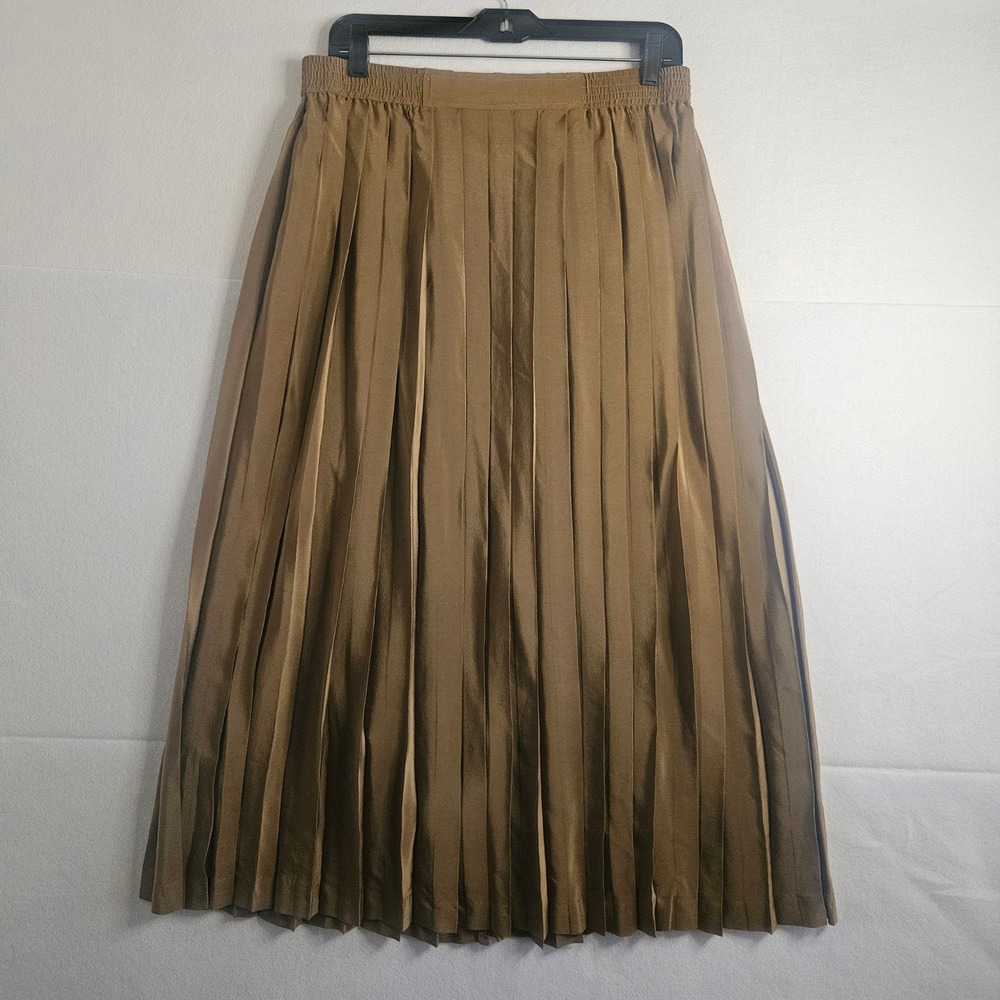 Vtg Patricia Magali 100% Silk Pleated Midi Skirt Bronze Taupe Elastic Waist 10